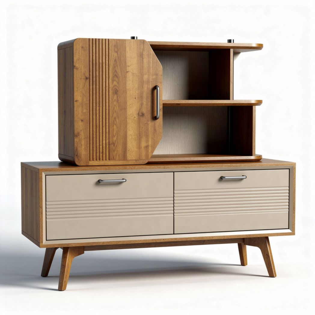 Wooden storage cabinet with sliding doors and open shelves 120 x 40 x 80cm