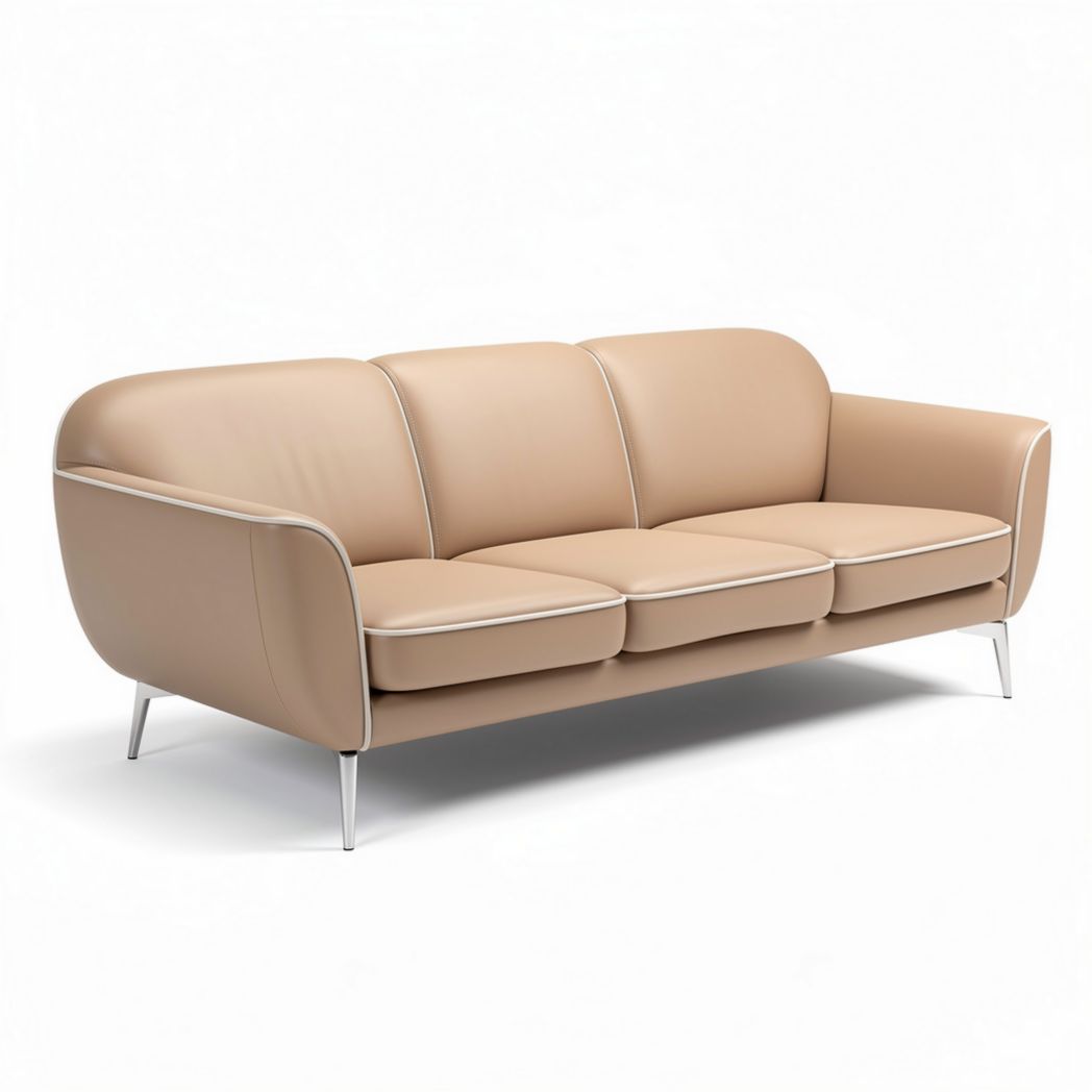 Beige leather three-seat sofa with chrome legs 230 x 90 x 85cm