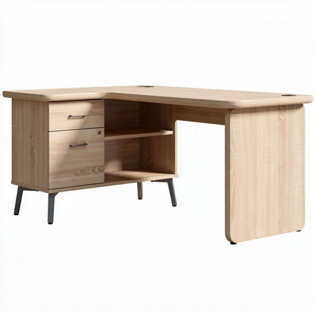 Wooden corner desk with storage shelves and drawers 150 x 75 x 75cm