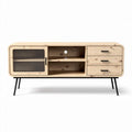 Wooden mid-century modern TV stand with woven rattan doors 120 x 40 x 50cm