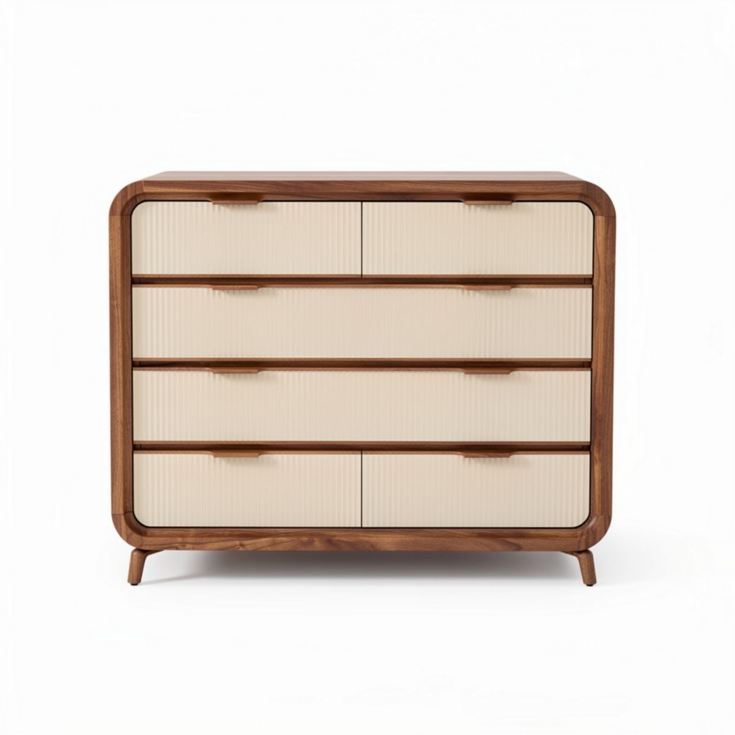 Wooden dresser with four drawers and cream ribbed front in modern design