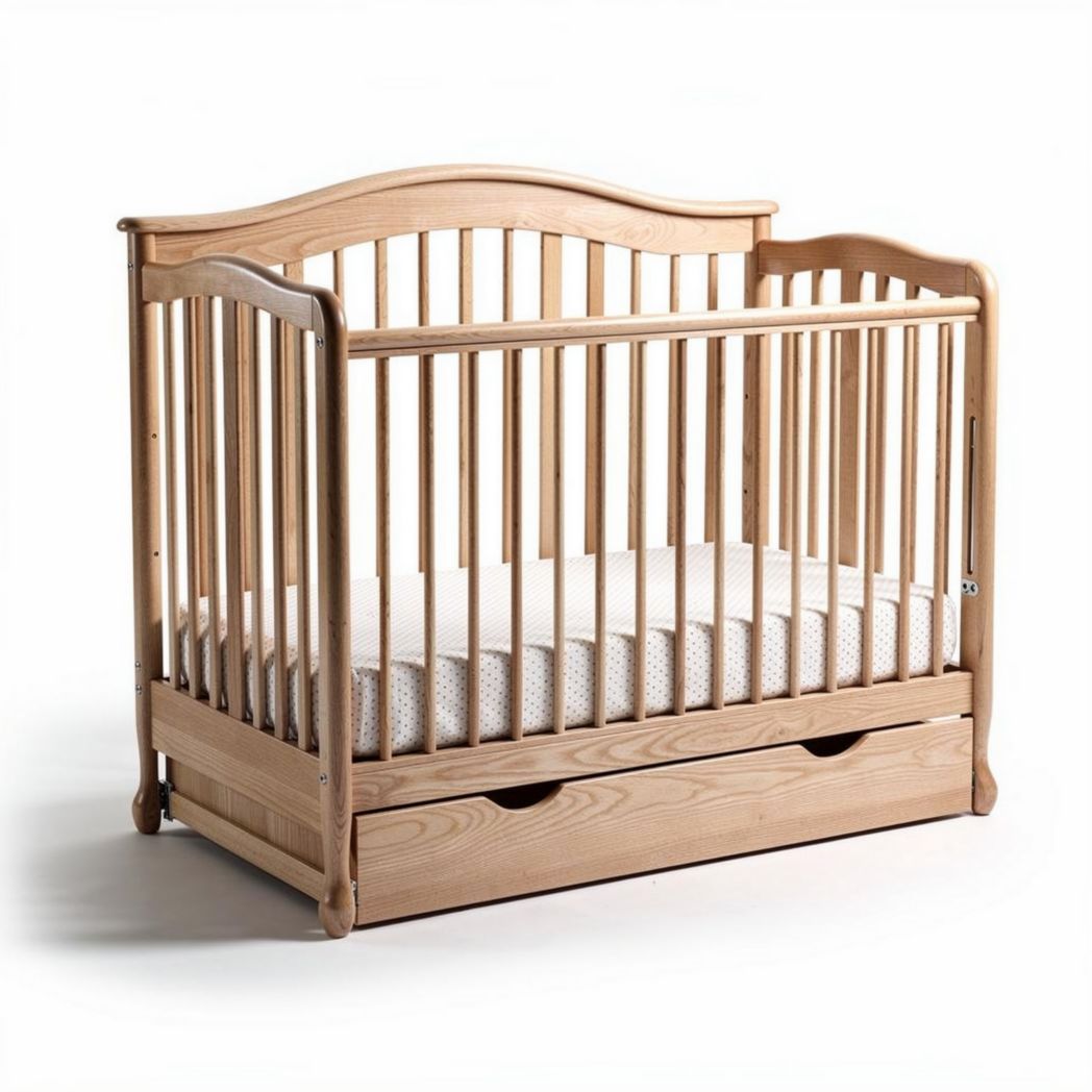Wooden baby crib with storage drawer natural finish 120 x 60 x 90cm