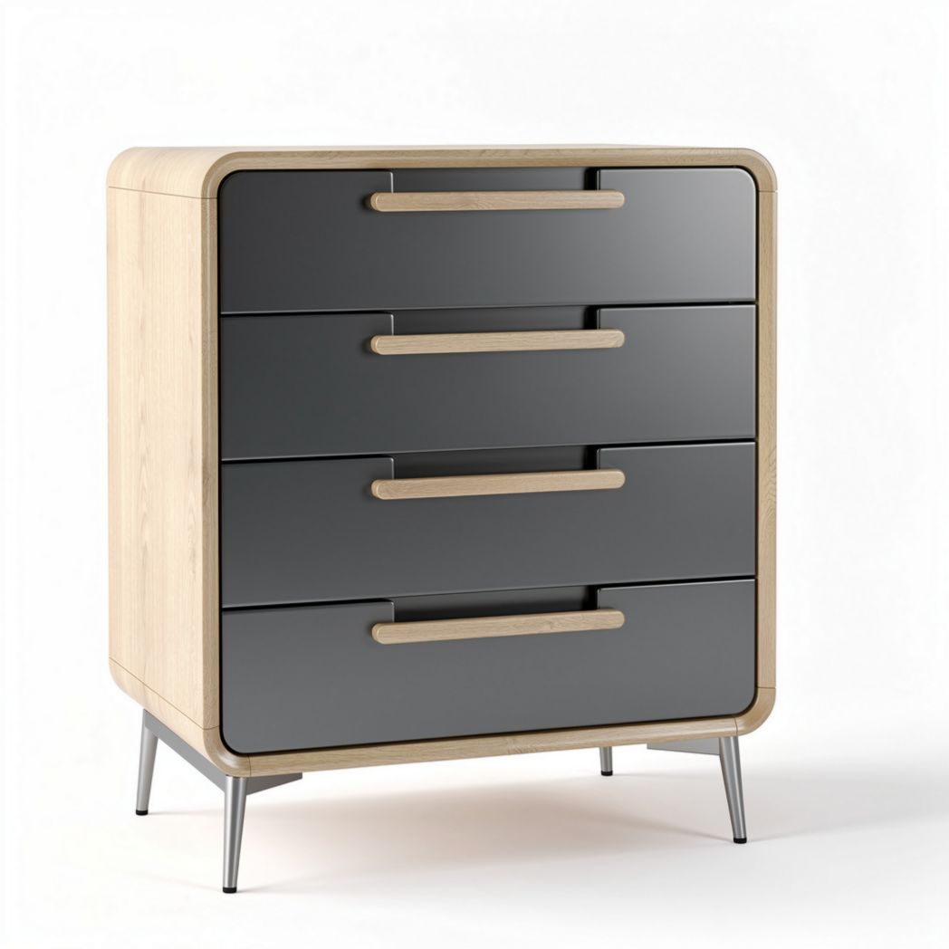 Four-drawer storage cabinet with wooden frame and metal legs 60 x 45 x 90cm