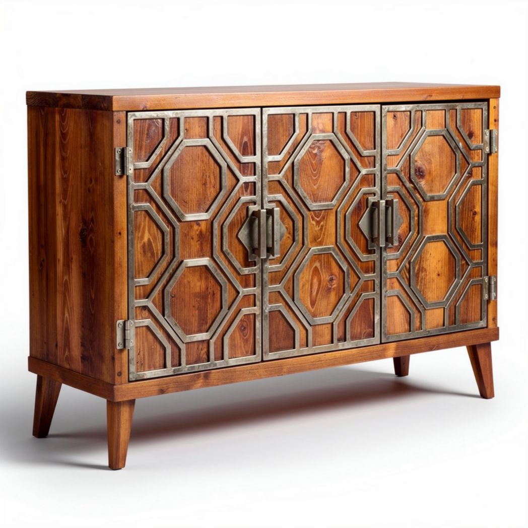 Wooden sideboard with metal floral accents for living room storage 120 x 40 x 75cm