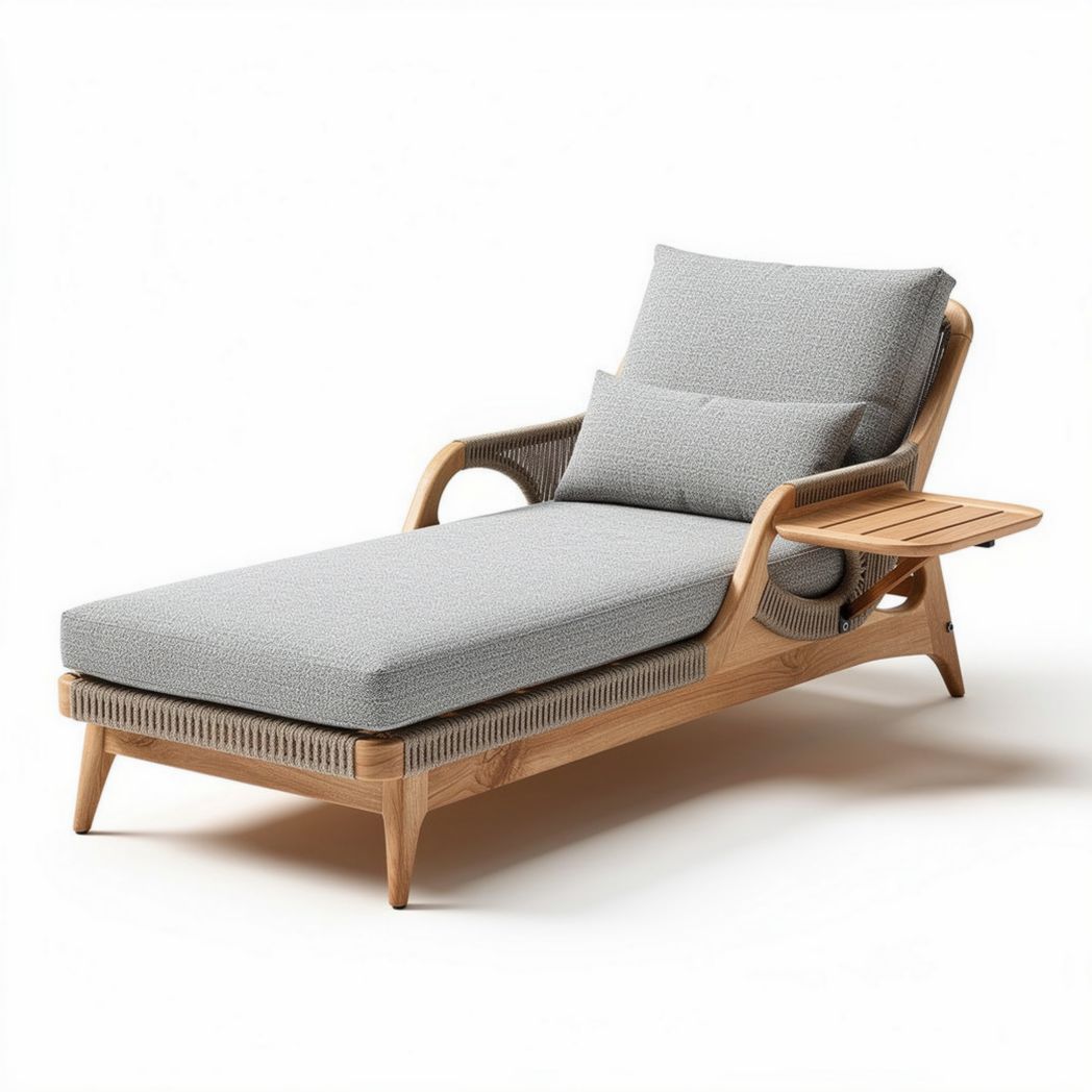 Outdoor lounge chair with gray fabric cushion and natural wood frame 200 x 80 x 30cm