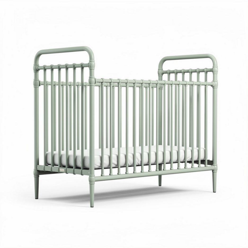 Green metal crib with slatted sides and mattress support dimensions 120 x 60 x 90cm
