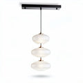 Three-tier white glass pendant light with black metal fixture 15 x 15 x 30cm