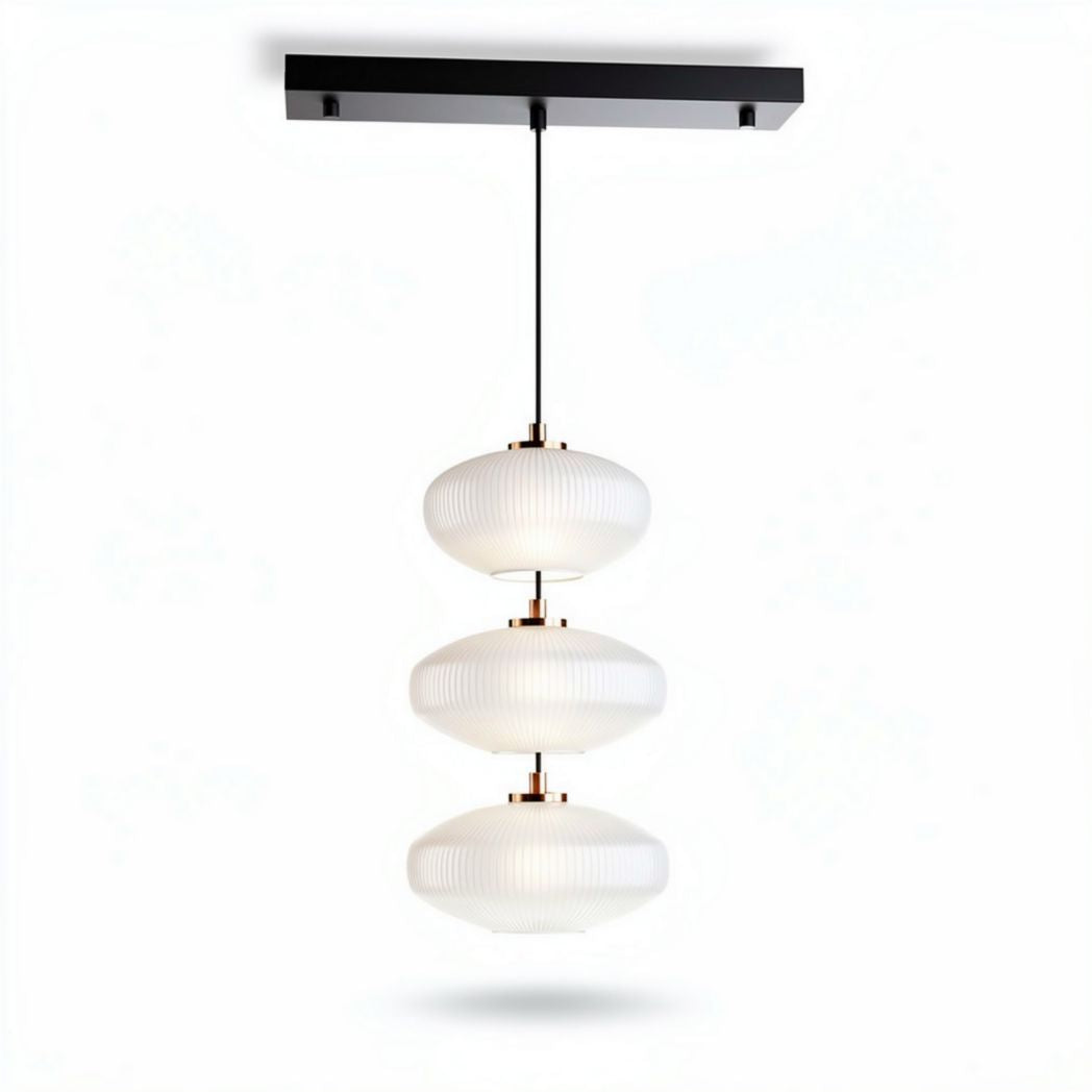 Three-tier white glass pendant light with black metal fixture 15 x 15 x 30cm