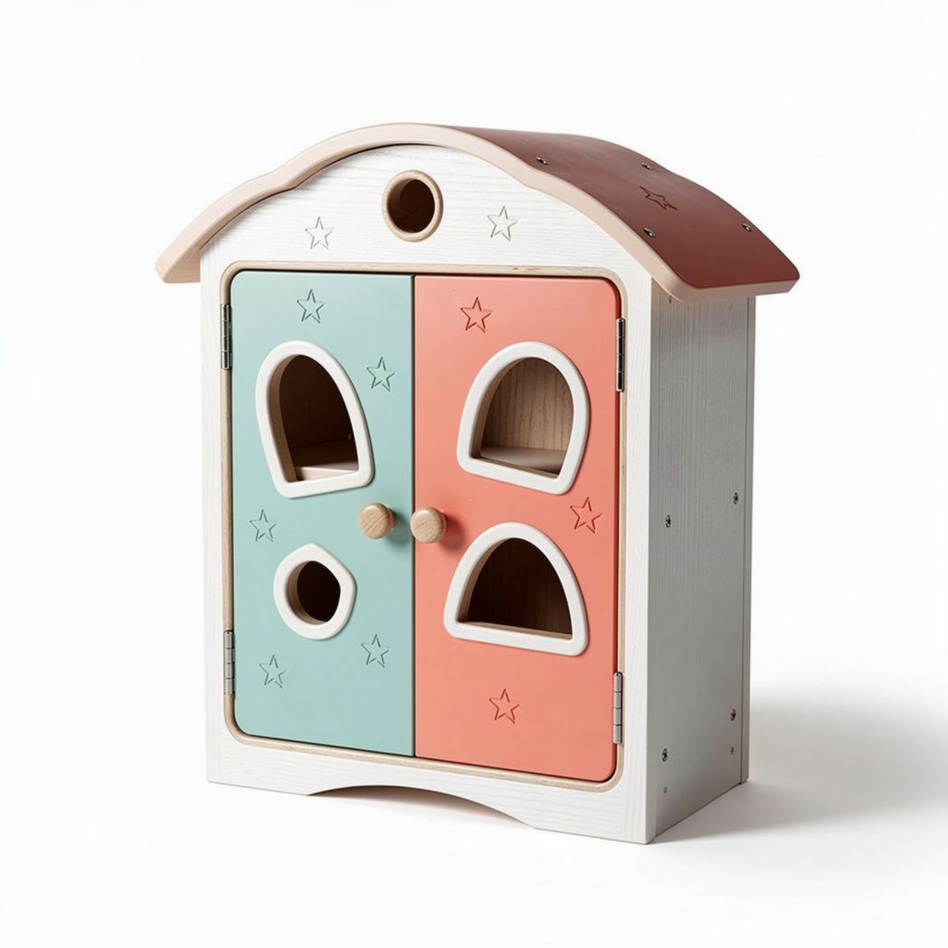 Wooden playhouse toy for children with colorful doors and cut-out shapes 30 x 20 x 35cm