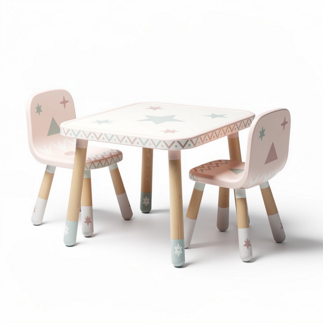 Kids table and chair set with geometric design and natural wood legs 80 x 60 x 50cm